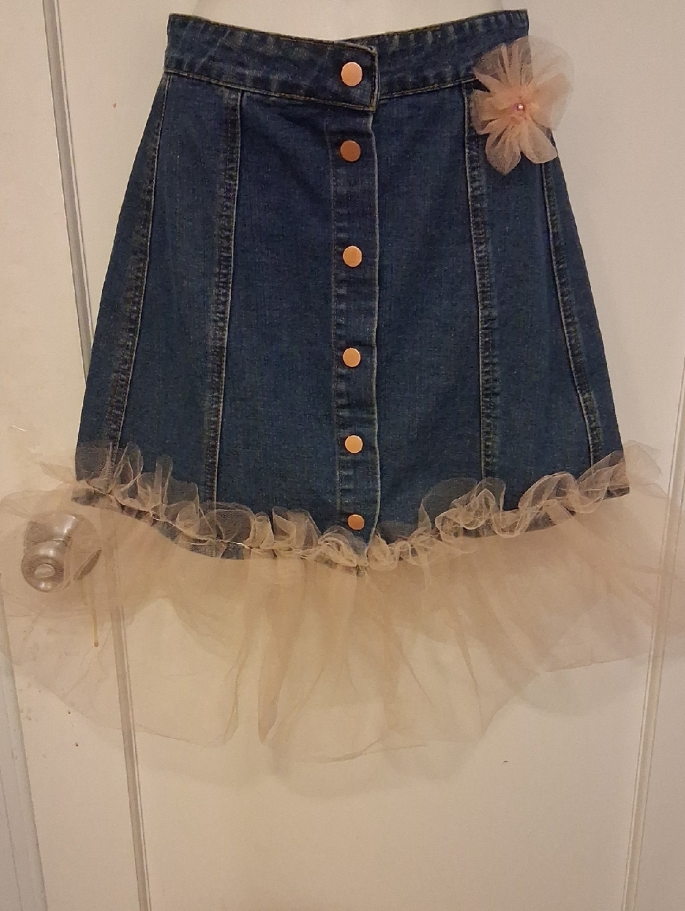 Upcycled Denim Mini Skirt with Pink Tulle Trim Snap Closure Tulle Flower 28in